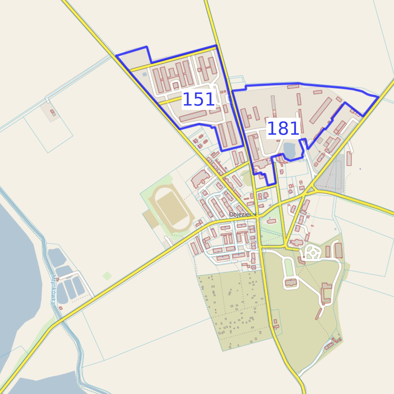 Mapa Objezierza z zaznaczonymi działkami 181 i 151