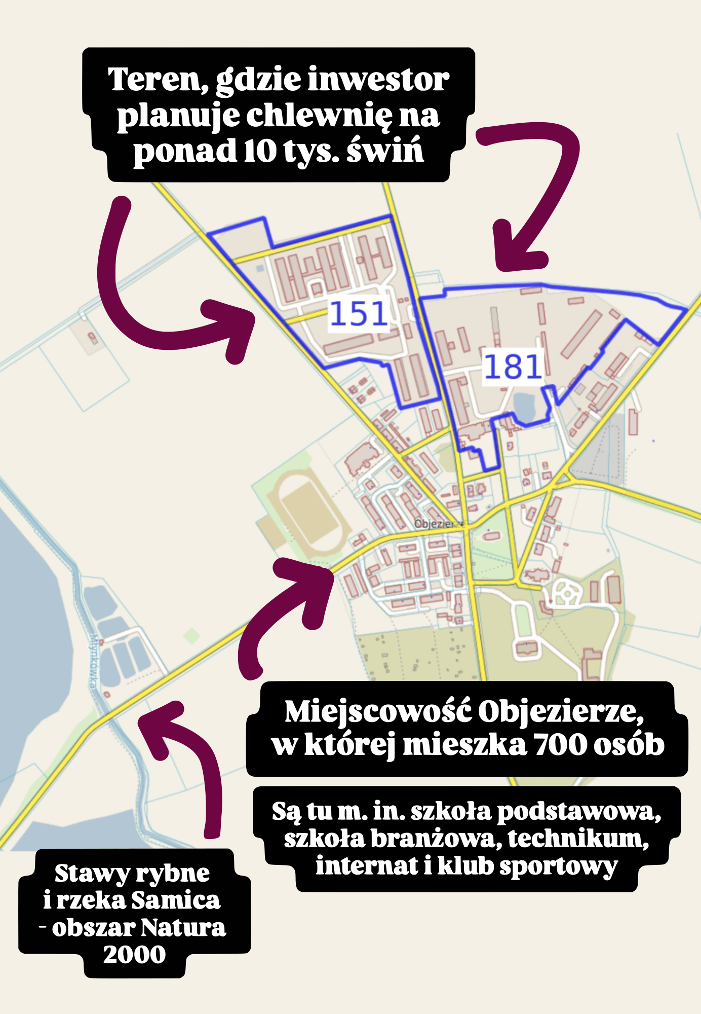 Mapa Objezierza z zaznaczonymi działkami 181 i 151